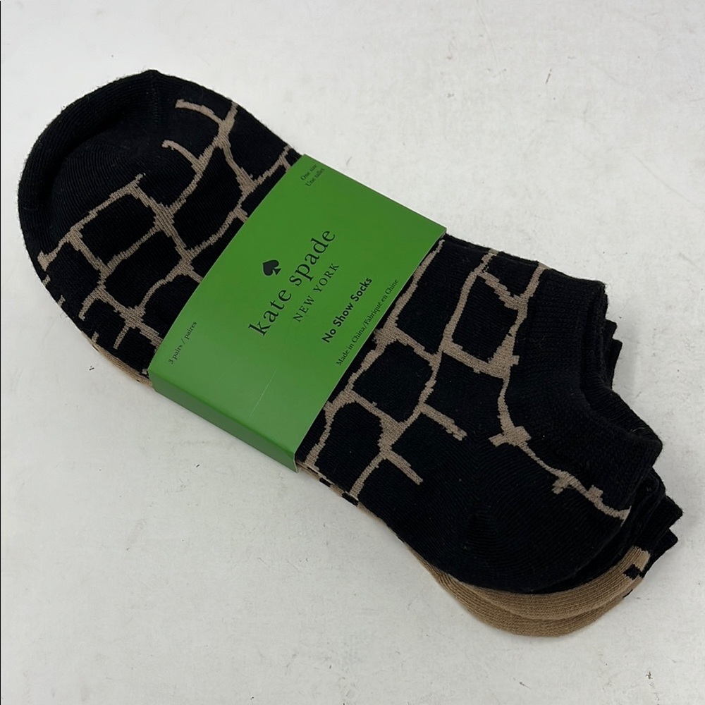 KATE SPADE NEW YORK 3 PACK NO SHOW SOCKS ANIMAL PRINT BLACK TAN SHOE SZ 4-10